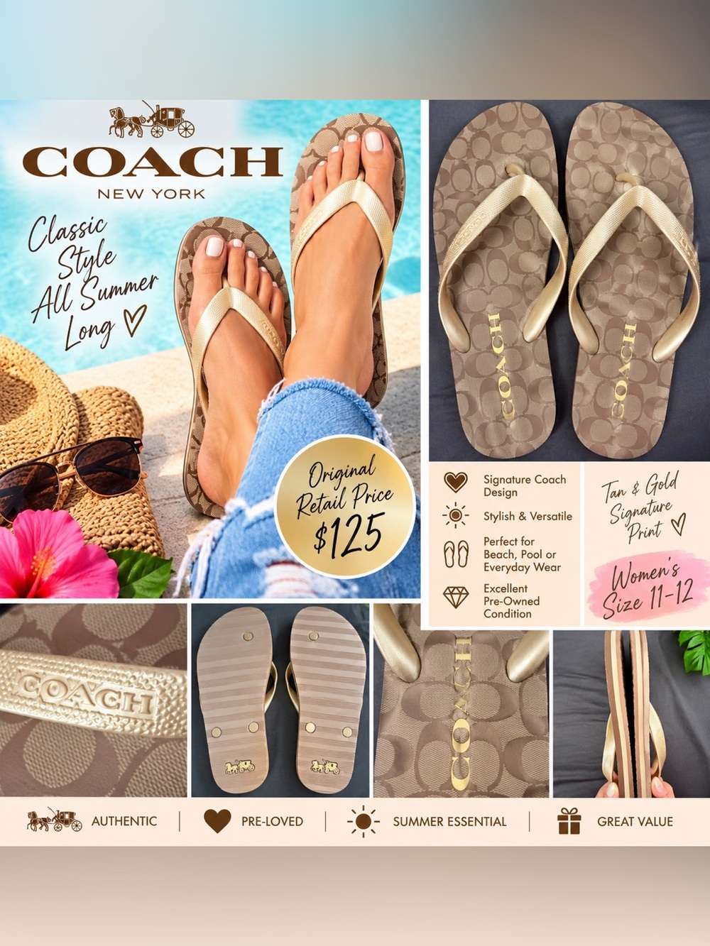 EUC Coach Women’s Tan Flip Flop Sandals with Gold Straps